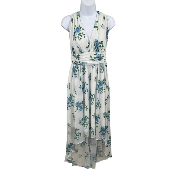 Disney Dresses & Skirts - Disney Princess High Low Dress Women M White Chiffon Blue Floral V-Neck Gown